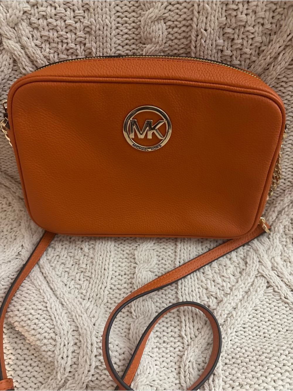 Michael Kors Orange Pebbled Leather Crossbody with Gold MK Logo